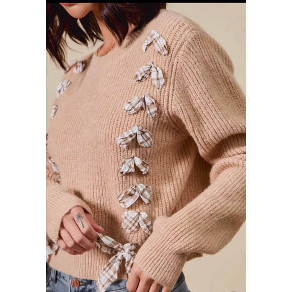 Women's So Me Beige Ribbed Sweater with Plaid Bows M - Picture 4 of 6